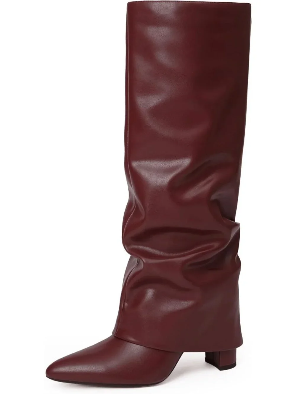 Women's Burgundy Slouchy Pointed Toe Chunky Heel Faux Leather Over The Knee Boot